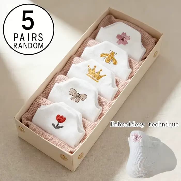 5 paires de chaussettes blanches pour femmes, avec nœud mignon et adorable/broderie abeille/fleur/co