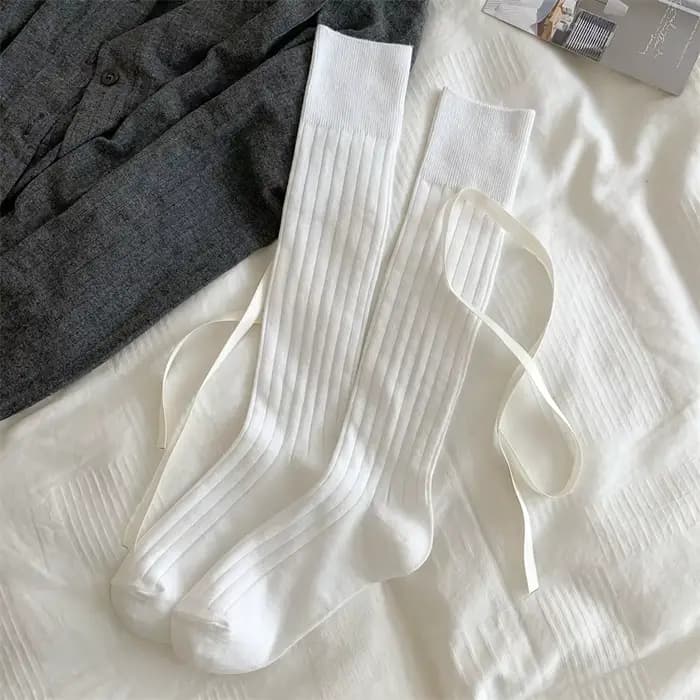 Chaussettes longues pour femmes, haute qualité, couleur unie, nœud doux, hautes aux genoux, fines, d