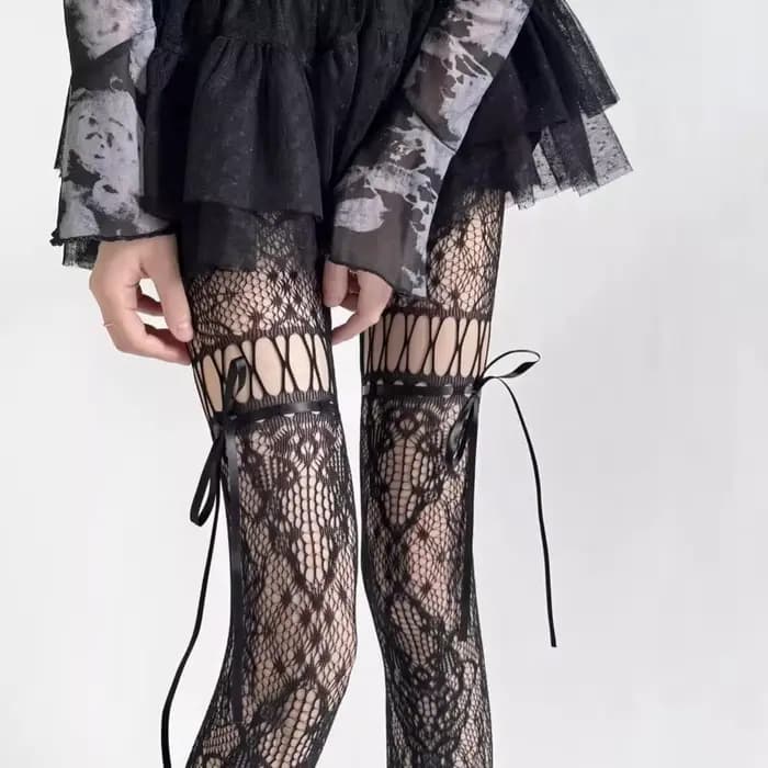 Nouveau design Collants beiges sexy pour femme, résille transparente, style JK, avec nœud et dentell