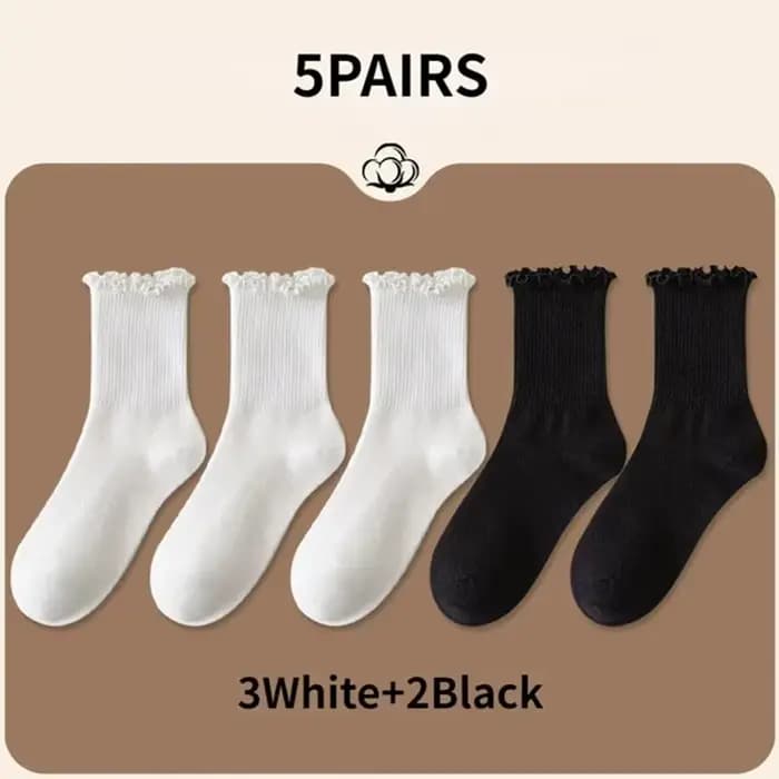 Chaussettes Courtes Respirantes pour Femme, Tube Moyen à Volants, Ensemble Noir et Blanc, Printemps 