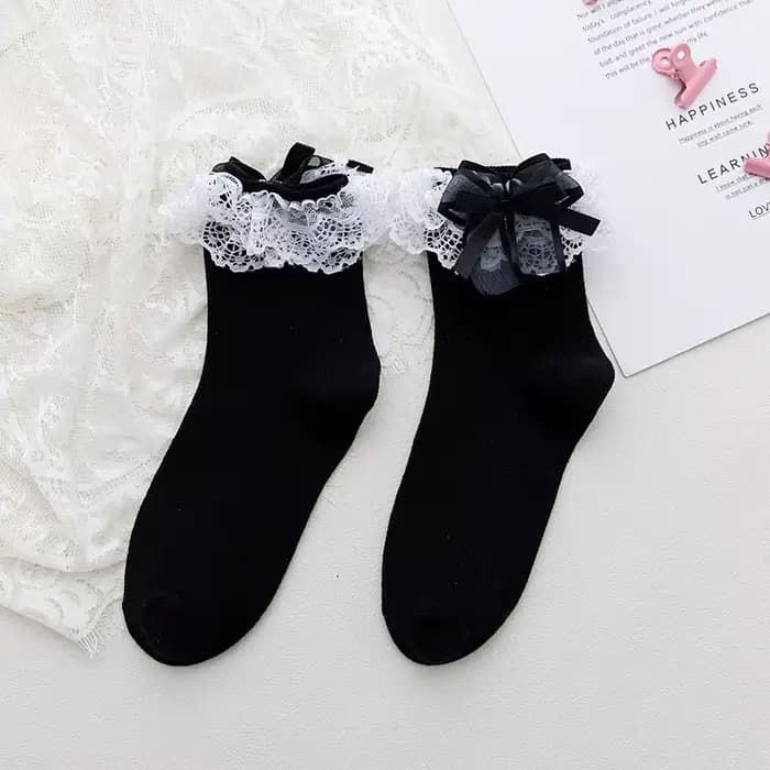 Lolita femmes Harajuku rétro dentelle chaussettes avec nœud cheville JK froufrous à volants coton pr