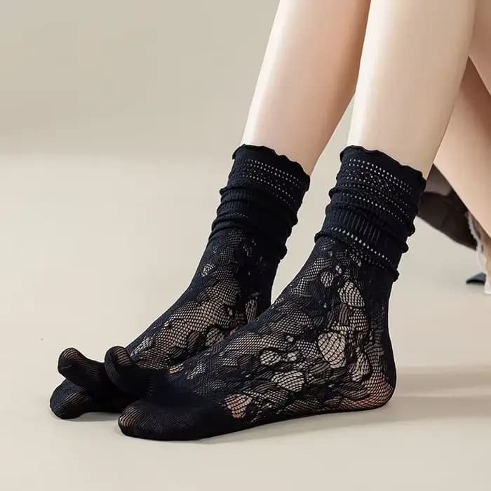 Japonais Sexy dentelle Tabi orteil chaussettes pour femmes été deux orteils chaussettes maille respi