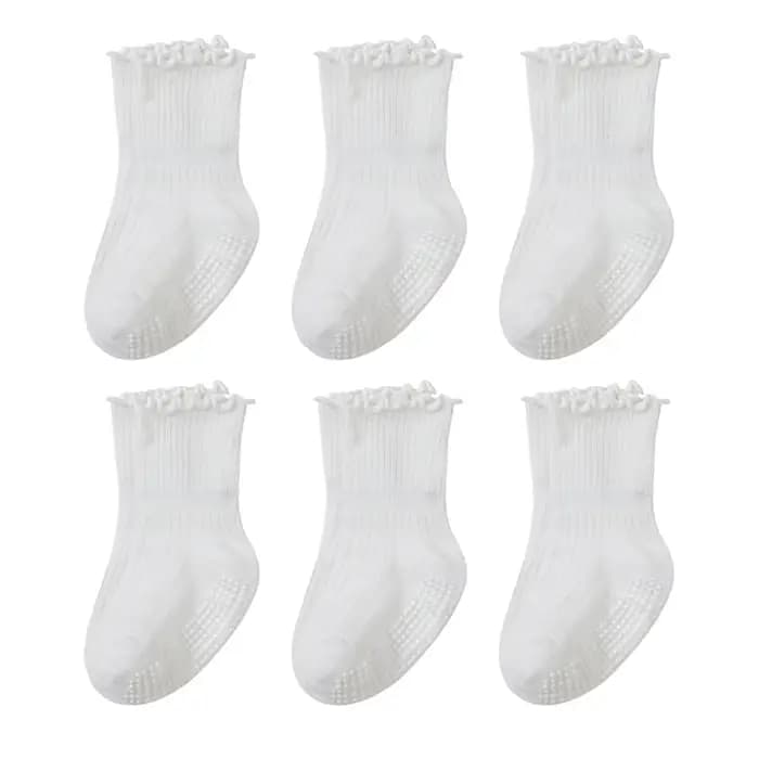 6 paires de chaussettes de marche antidérapantes blanches pour bébé, avec bordure à motif grain de b