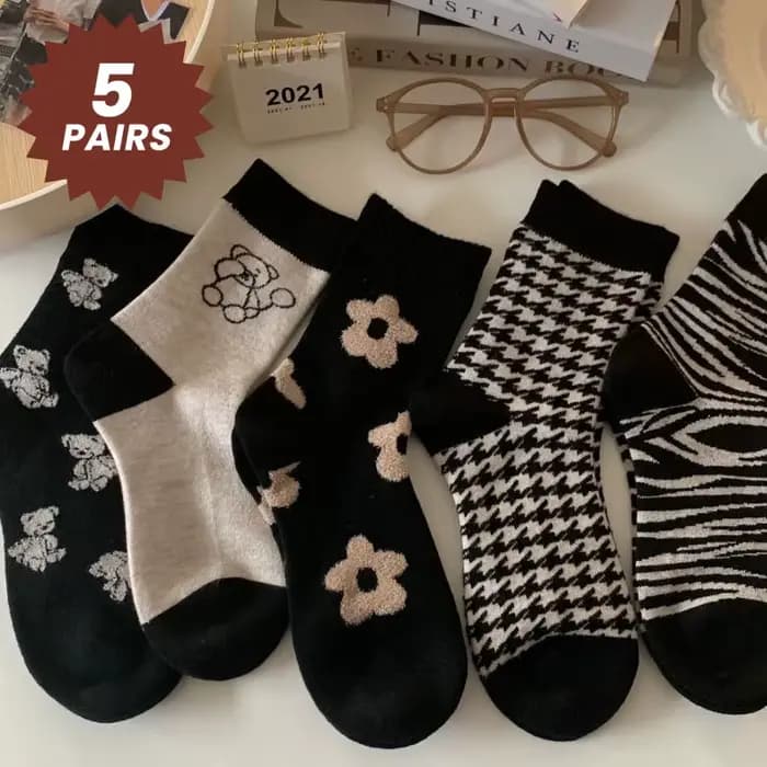 5 paires de chaussettes mi-mollet pour femmes, mignon petit ours, imprimés floraux, à la mode et pol