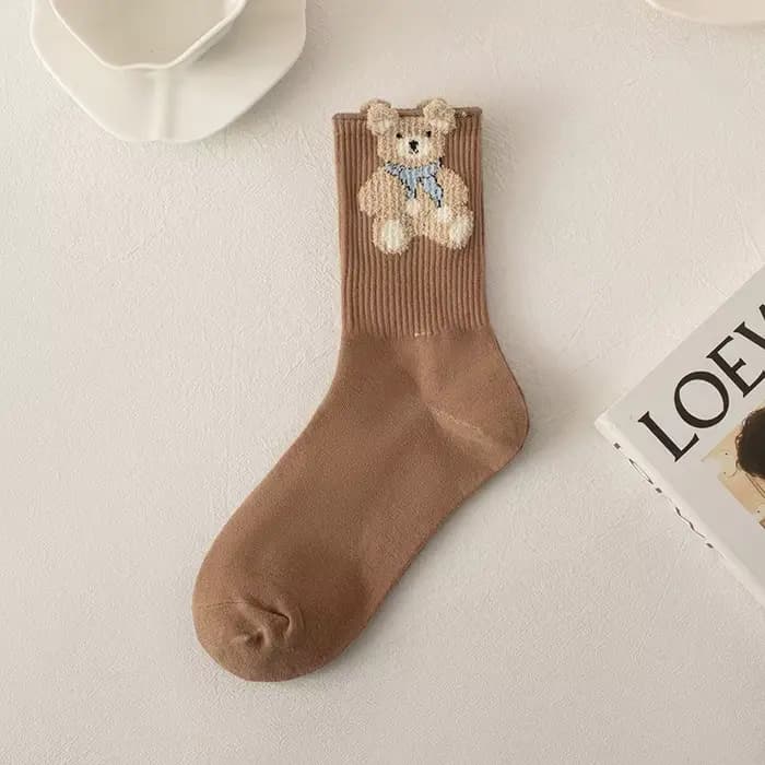 Chaussettes en coton rétro marron pour femmes, chaussettes ours, chaussettes confortables pour fille