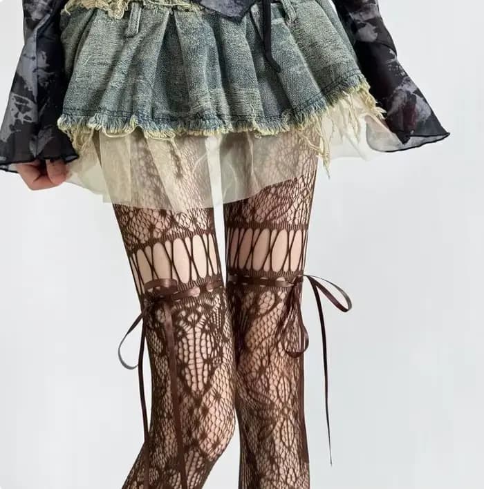 Nouveau design Collants beige sexy pour femme, résille transparente, style uniforme JK, avec nœud et