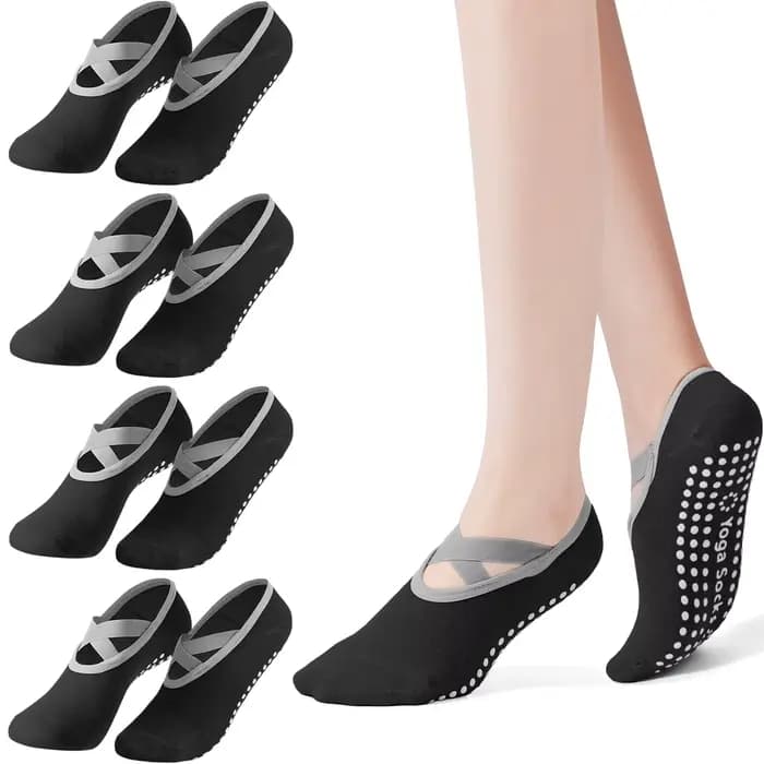 Lot de 4 chaussettes Pilates pour femmes, chaussettes de yoga antidérapantes, chaussettes à forte ad