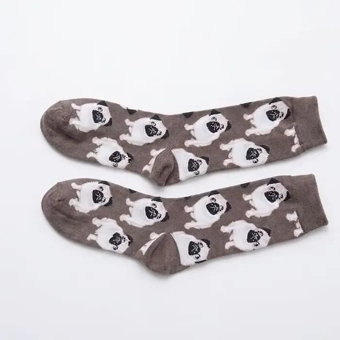 1 paire de chaussettes unisexes avec base brun grisâtre, corps blanc et motif de chien bouledogue no