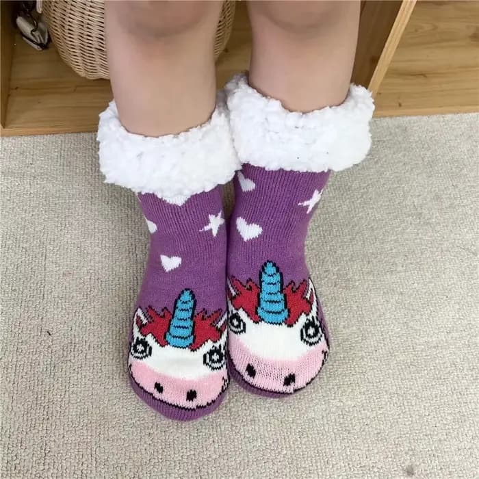Chaussettes Thermiques pour Femmes et Enfants, Motif Licorne, Hiver, Chaudes, Antidérapantes, Douces