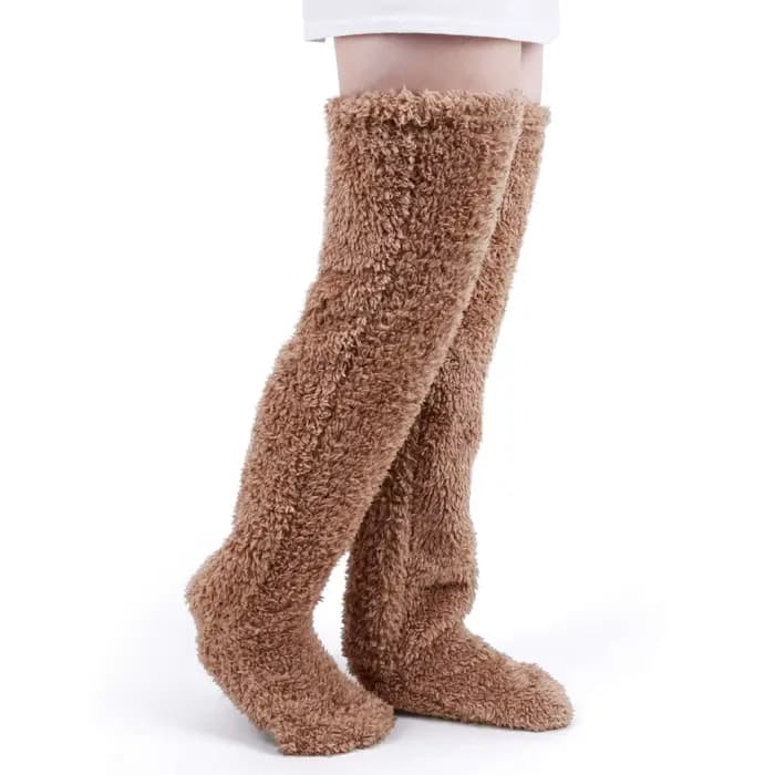 Hiver épaissir chaud femmes flou cuisse genou chaussettes hautes longues jambières Teddy peluche fem