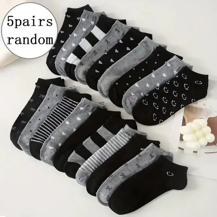 5 paires de chaussettes noires et grises à motifs variés, douces, confortables et décontractées pour
