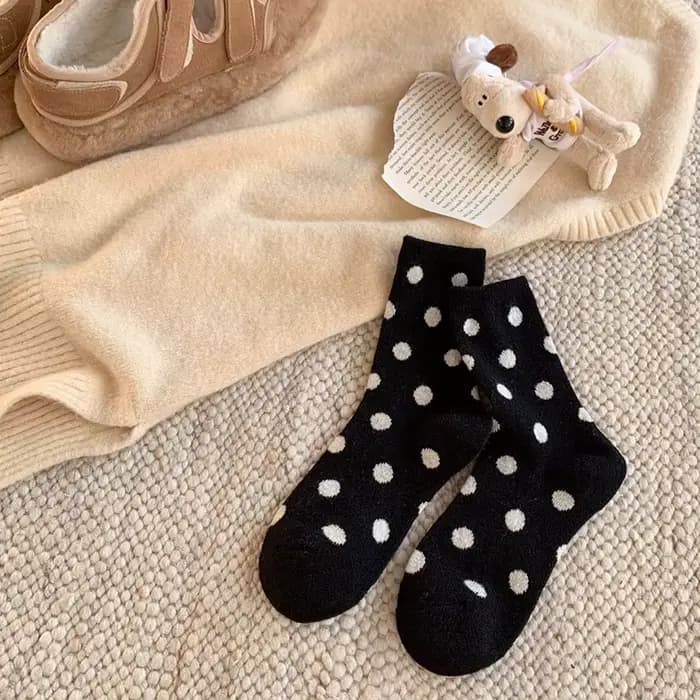 Chaussettes pour femmes, automne-hiver, épaisses et chaudes, à pois, en velours noir Maillard, chaus
