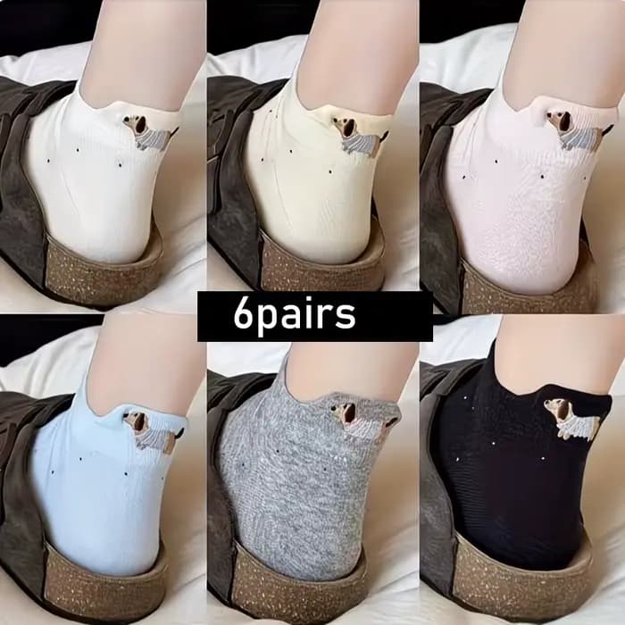 6 paires de chaussettes courtes colorées pour femmes, motif teckel de dessin animé, respirantes et c