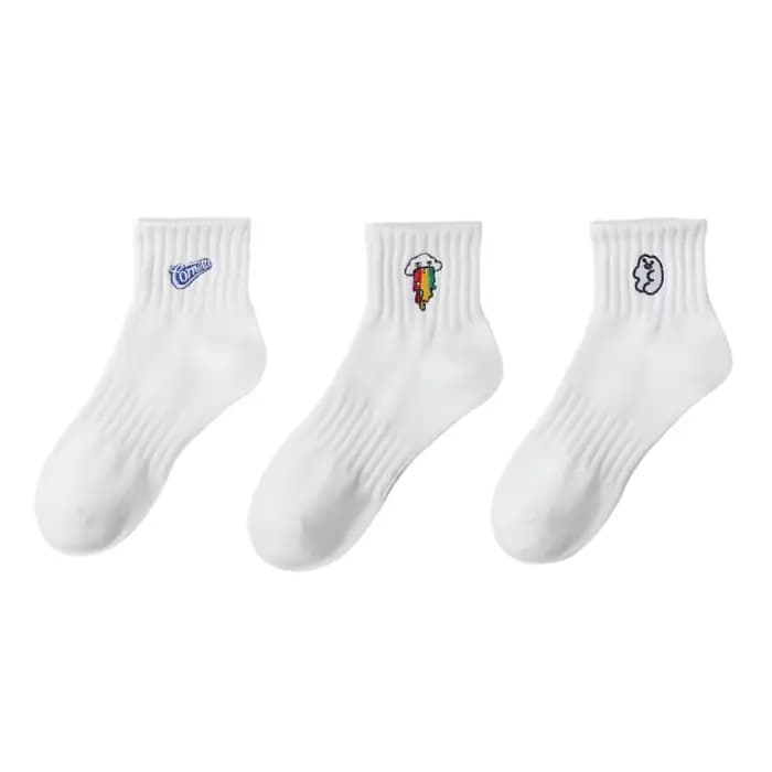 Chaussettes 3 paires femmes chaussettes de cheville brodées dessin animé coton chaussettes de sport 