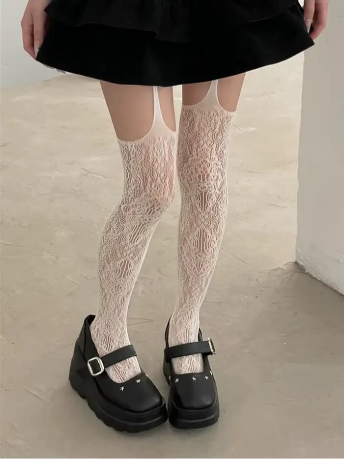 Chaussettes hautes imprimées pour femmes, bas Sexy en résille avec bretelles, motif Floral rétro, ch
