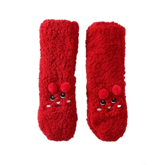 Chaussettes thermiques épaisses brodées mignonnes, chaussettes de couchage antidérapantes en peluche