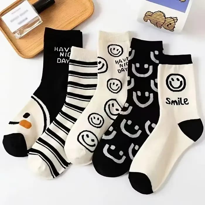 Happy Face-Chaussettes mi-tube en coton respirant pour femmes, bas et bonneterie, chat de dessin ani