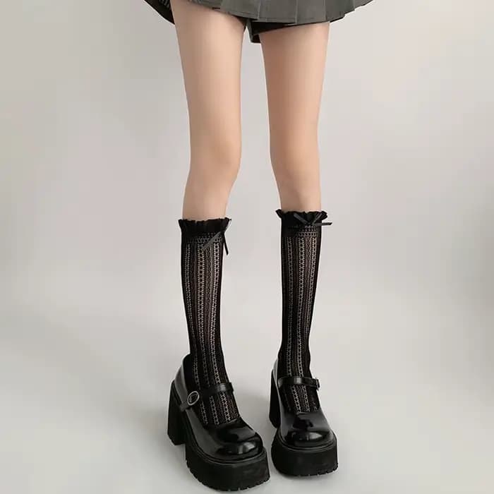 Chaussettes creuses en résille, chaussettes aux genoux avec nœud blanc, chaussettes de mollet à bord
