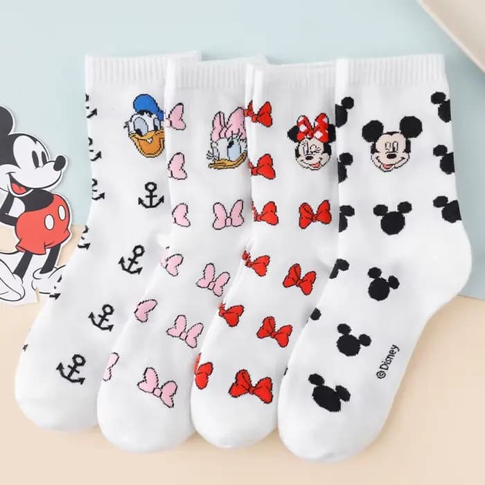 4 paires de chaussettes Disney Mickey, Minnie, Donald Duck pour femmes, en coton imprimé de dessins 