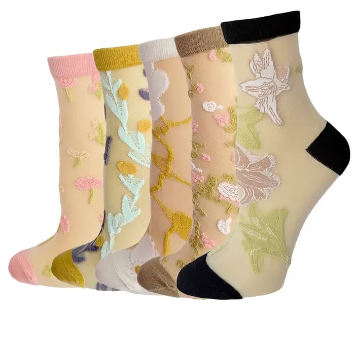 5 paires/ensemble France Hipster Design verre soie fleur oiseau drôle chaussettes femmes Transparent