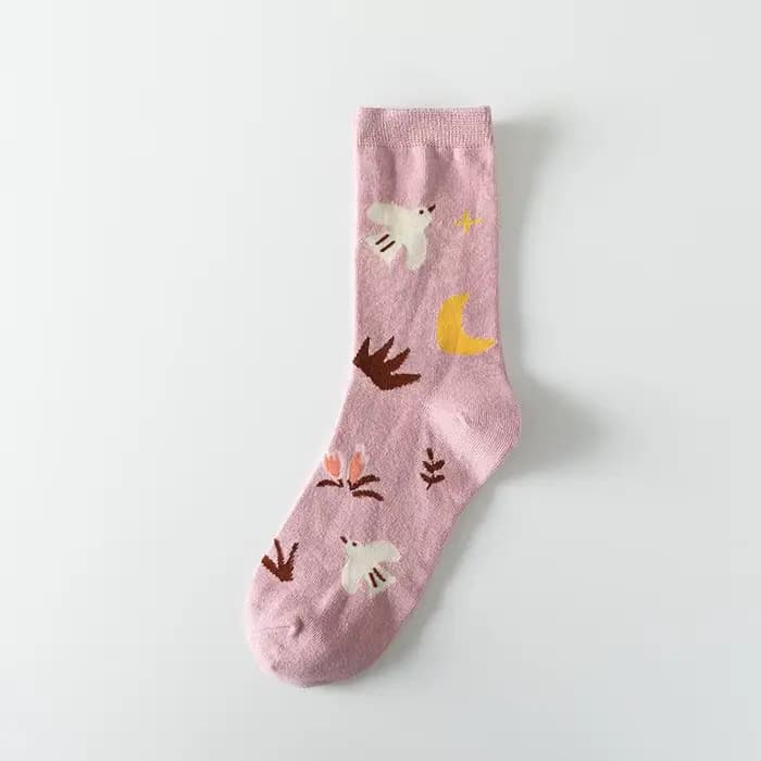 Chaussettes mi-tube en coton à absorption douce pour femme, animal de dessin animé japonais, fleur, 