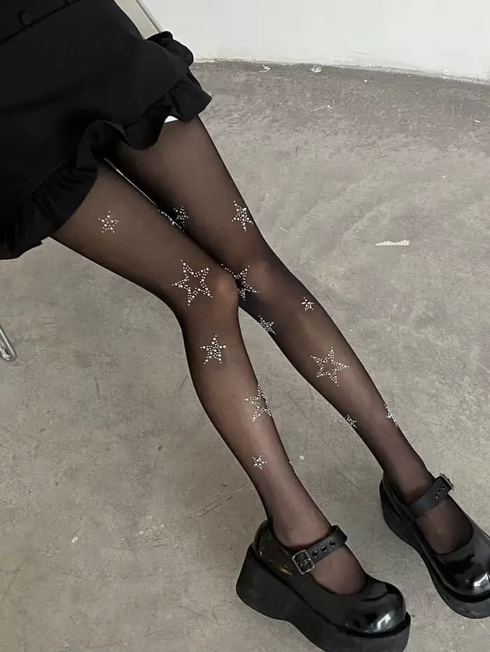 Collants transparents noirs pour femme, fins, élastiques, à étoiles en strass brillants, style gothi