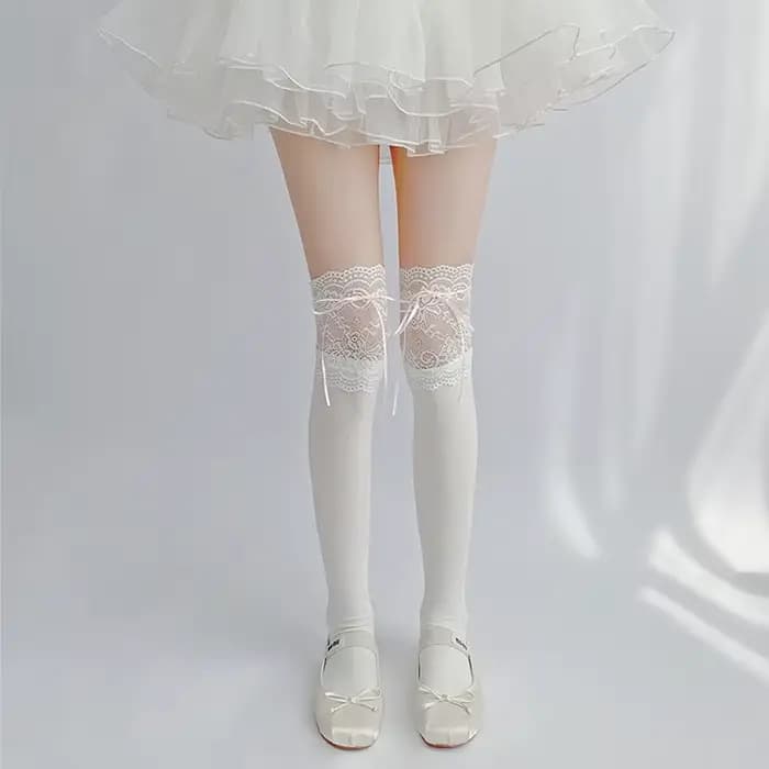 1 paire de chaussettes en velours blanc avec ruban à nouer, style Lolita, mignonnes et douces, mi-mo