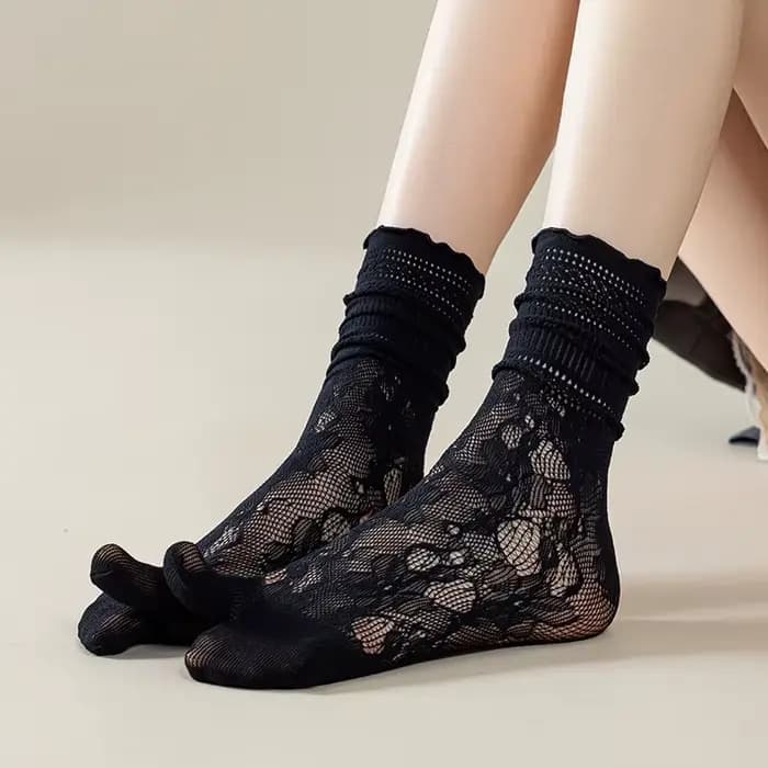 Mode japonaise Tabi orteil chaussettes femmes été Sexy dentelle deux doigts chaussettes maille respi
