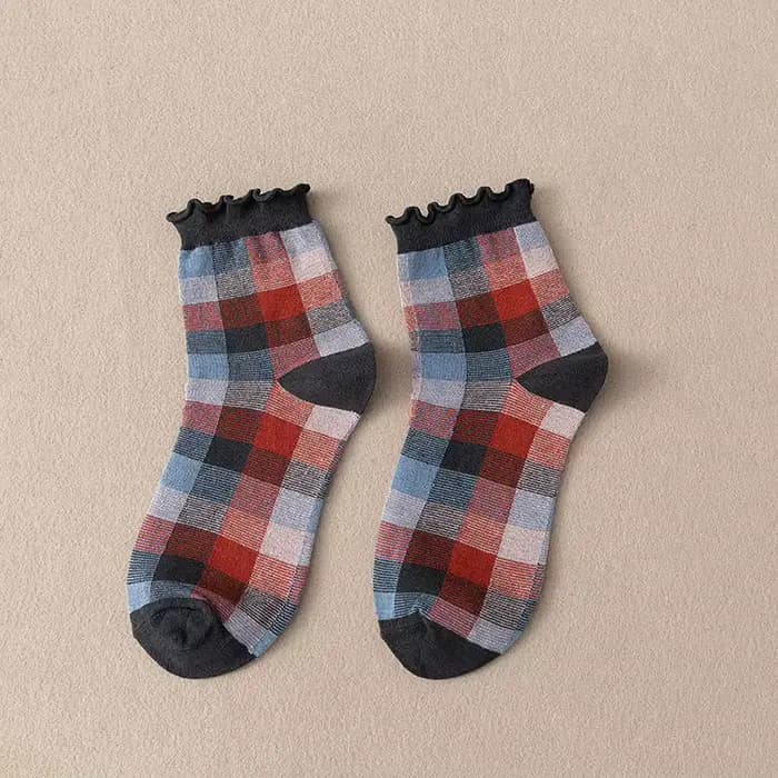 Chaussettes à carreaux en coton pour femmes, courtes à volants, vintage, mignon, sexy, Kawaii, Haraj