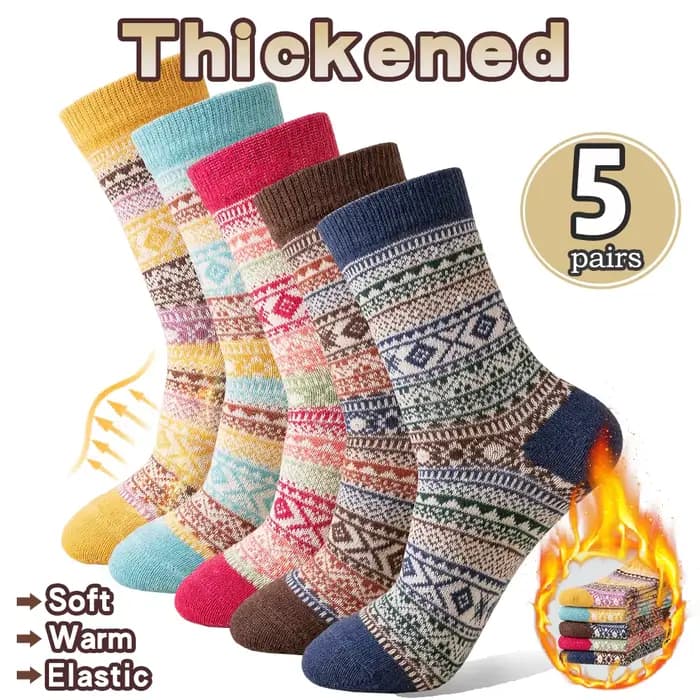 5 paires de chaussettes en laine pour femmes, styles automne et hiver - chaussettes longues tricotée
