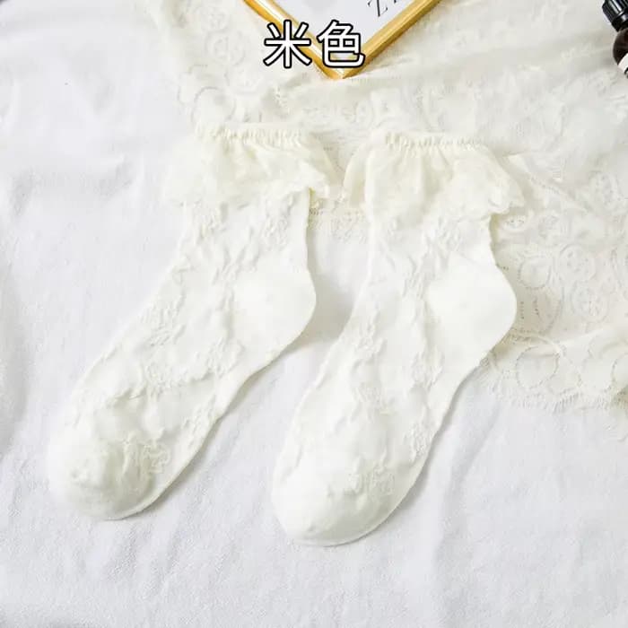 Femme chaussettes Lolita Style noir blanc chaussettes à volants maille mince dentelle douce filles m