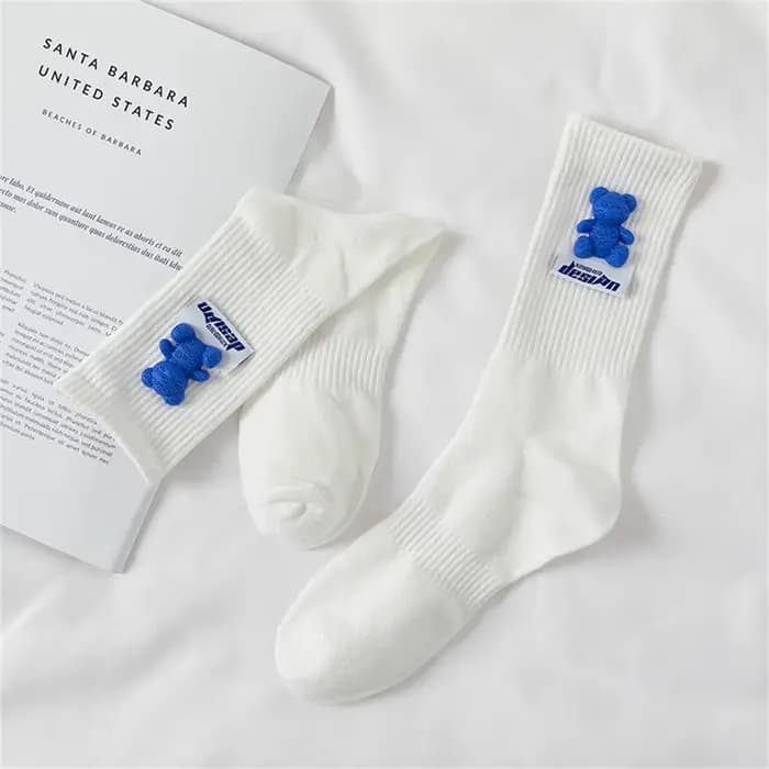 Chaussettes ours bleu Kawaii pour femmes, bas amusants, vêtements d'extérieur Ins, style coréen, cho