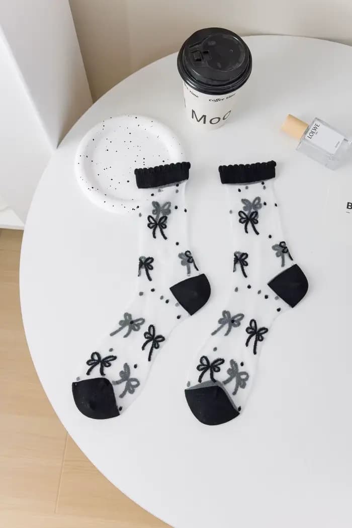 Chaussettes mi-tube en coton respirant pour femmes, chaussettes fines avec nœud transparent, pur ven