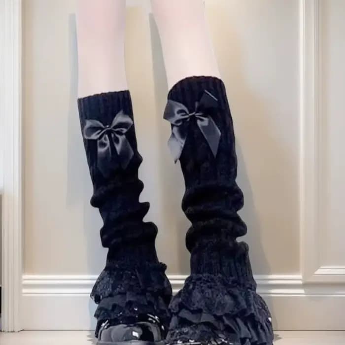 Chaussettes tricotées japonaises pour femmes, avec nœud et volants, style Lolita, en dentelle, haute