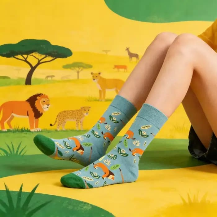 1 paire de chaussettes pour femmes, motif lion de la savane, couleur bleu menthe, bloc de couleur, mi-mollet, coton, tendance, dessin animé