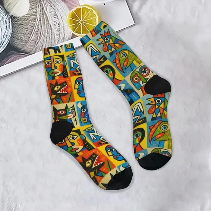 Chaussettes fantaisie à motifs abstraits, style rétro, mode streetwear, chaussettes pour hommes, confortables, respirantes, chaussettes de sport décontractées pour l'extérieur