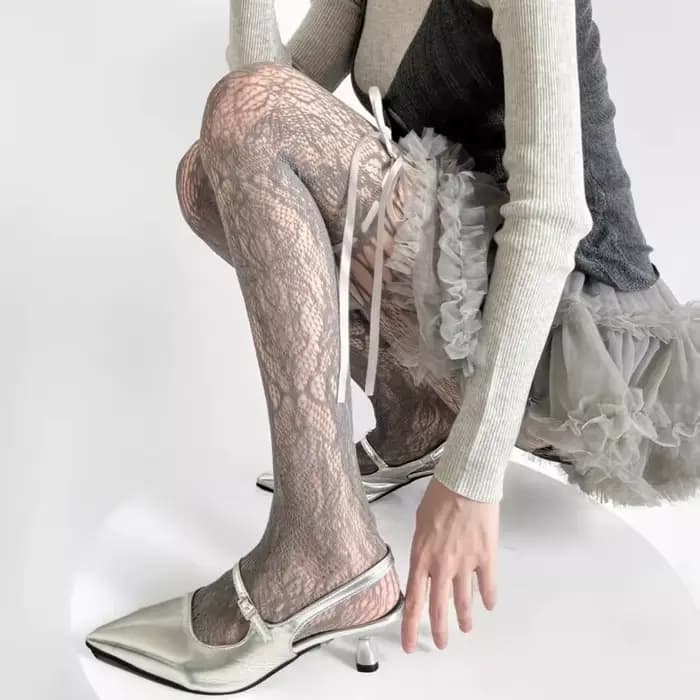 Nouveau design Collants beiges sexy pour femme, résille transparente, style JK, avec nœud et dentelle