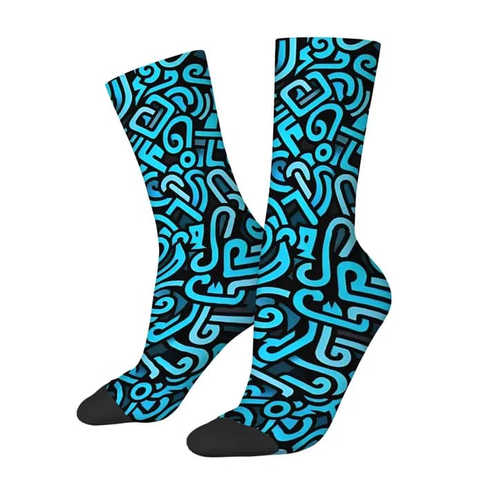Chaussettes mi-mollet pour hommes à imprimé lignes abstraites bleues et noires