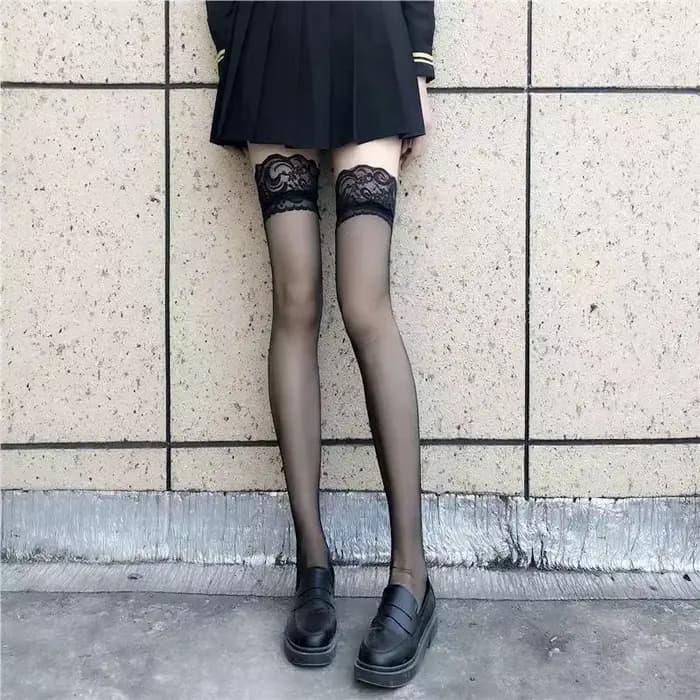 Sexy bord rouge nouveau sur le genou chaussettes longues dentelle gothique Transparent cuisse haute bas femmes Punk JK mince soie solide bonneterie