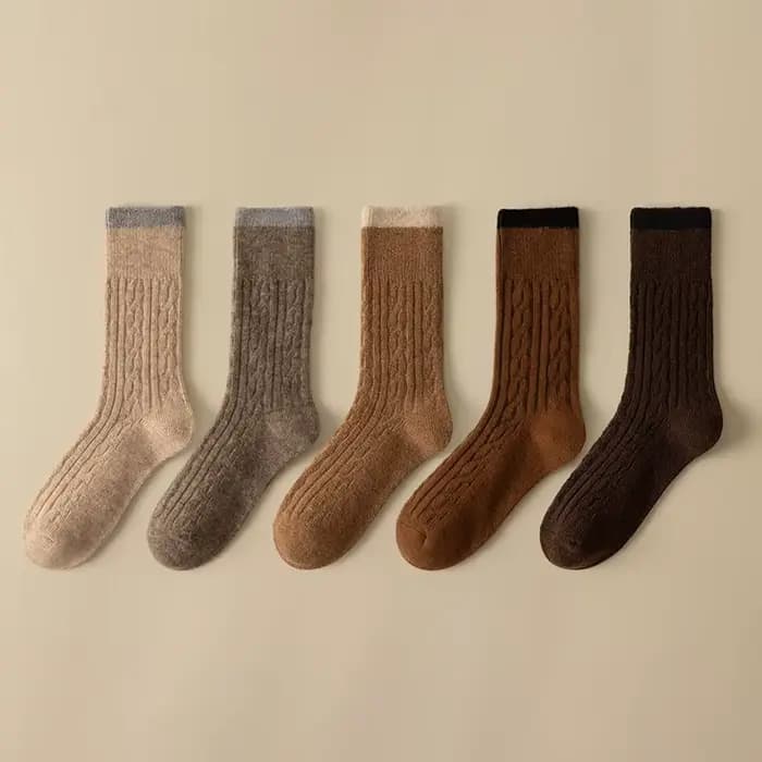 4 paires automne hiver couleur-bloc 100% laine femmes mi-mollet chaussettes épaissi rétro chaud polyvalent ample longues