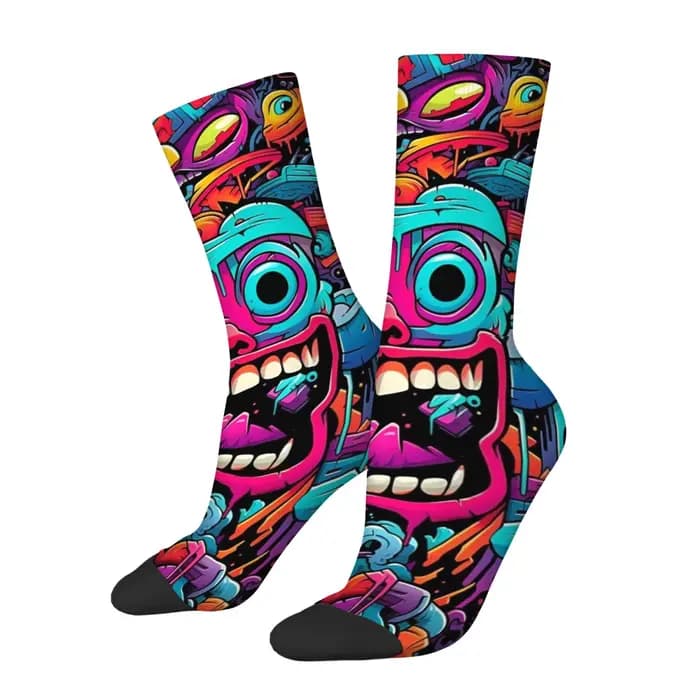 1 paire Hip Hop rétro violet monstre fou hommes chaussettes de Compression Harajuku sans couture imprimé drôle nouveauté Happy Crew chaussette cadeau