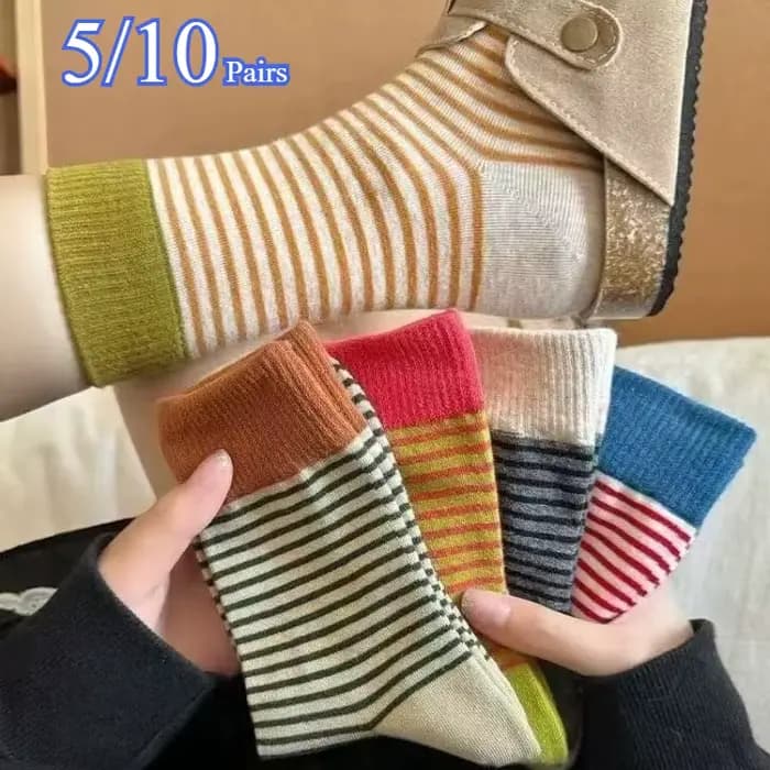 5/10 paires de chaussettes mi-tube en tricot rayé pour femmes