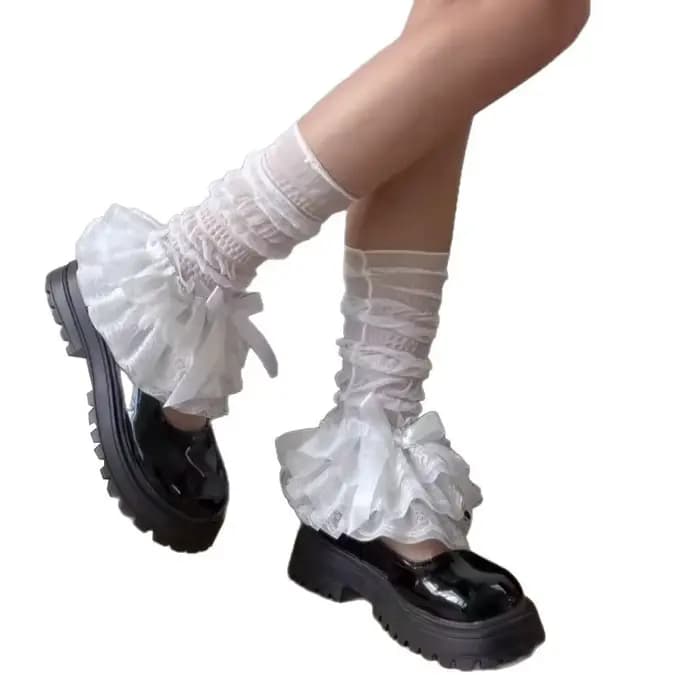 Guêtres en dentelle pour femmes, avec nœuds mignons, volants superposés, manchons de bottes, esthétique Y2K, chaussettes longues, style Lolita japonaise gothique