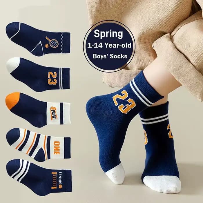 Chaussettes en coton pour enfants 1-14T, 5 paires/lot, chaussettes en coton doux, chaussettes mollet, chaussettes d'équipage pour petits grands garçons