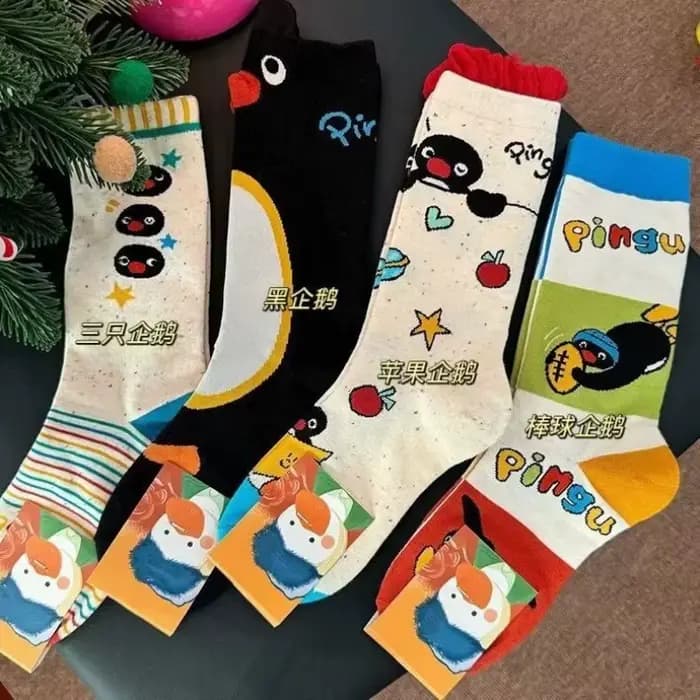 Chaussettes Penguin Pingu pour Hommes et Femmes, Motif Animalier Original et Coloré, Mi-mollet, Tendance Mode Niche, Chaussettes en Coton à Motifs de Dessins Animés