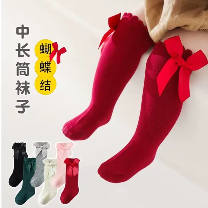 Bébé Bow chaussettes printemps automne nouveau-né fille étudiant princesse chaussettes enfants rouge coton mi chaussettes infantile enfant en bas âge fille vêtements