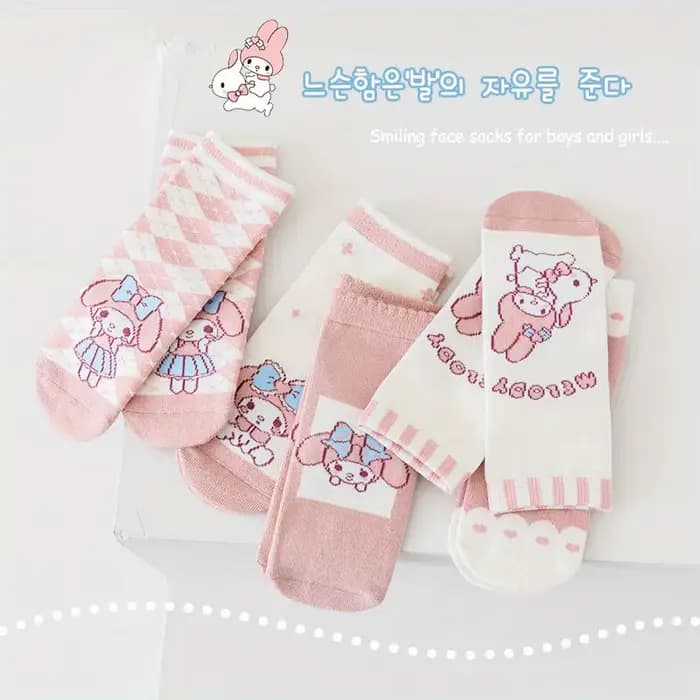Chaussettes pour enfants Kawaii My Melody, lot de 5, chaussettes en coton doux pour filles, chaussettes respirantes pour enfants avec des dessins mignons pour un usage quotidien