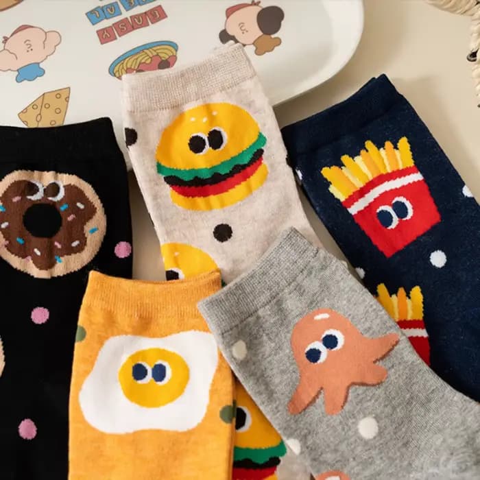 5 paires/pack femmes filles chaussettes mignon dessin animé nourriture coton