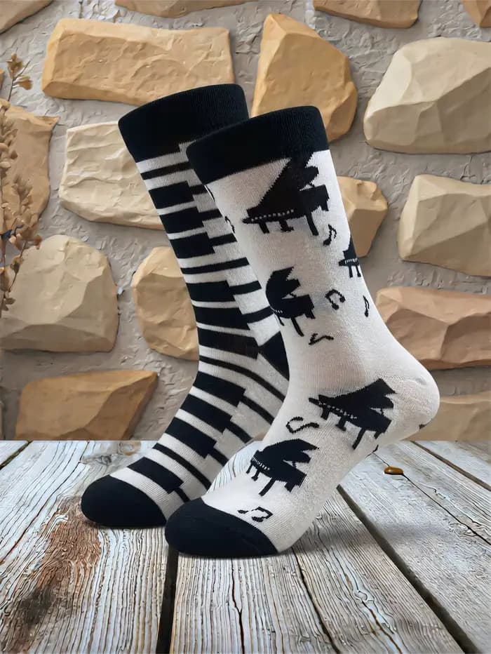 Chaussettes en coton amusantes à rayures contrastées pour hommes, motif piano, noir et blanc, cadeau original pour les amateurs de musique, streetwear