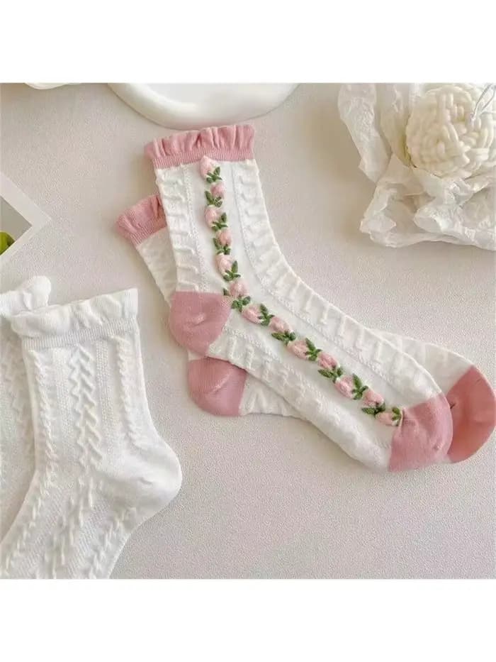 5 paires de chaussettes mi-longues en dentelle rose et blanche pour fille, à motifs de diamants, à fleurs, roses et mignonnes